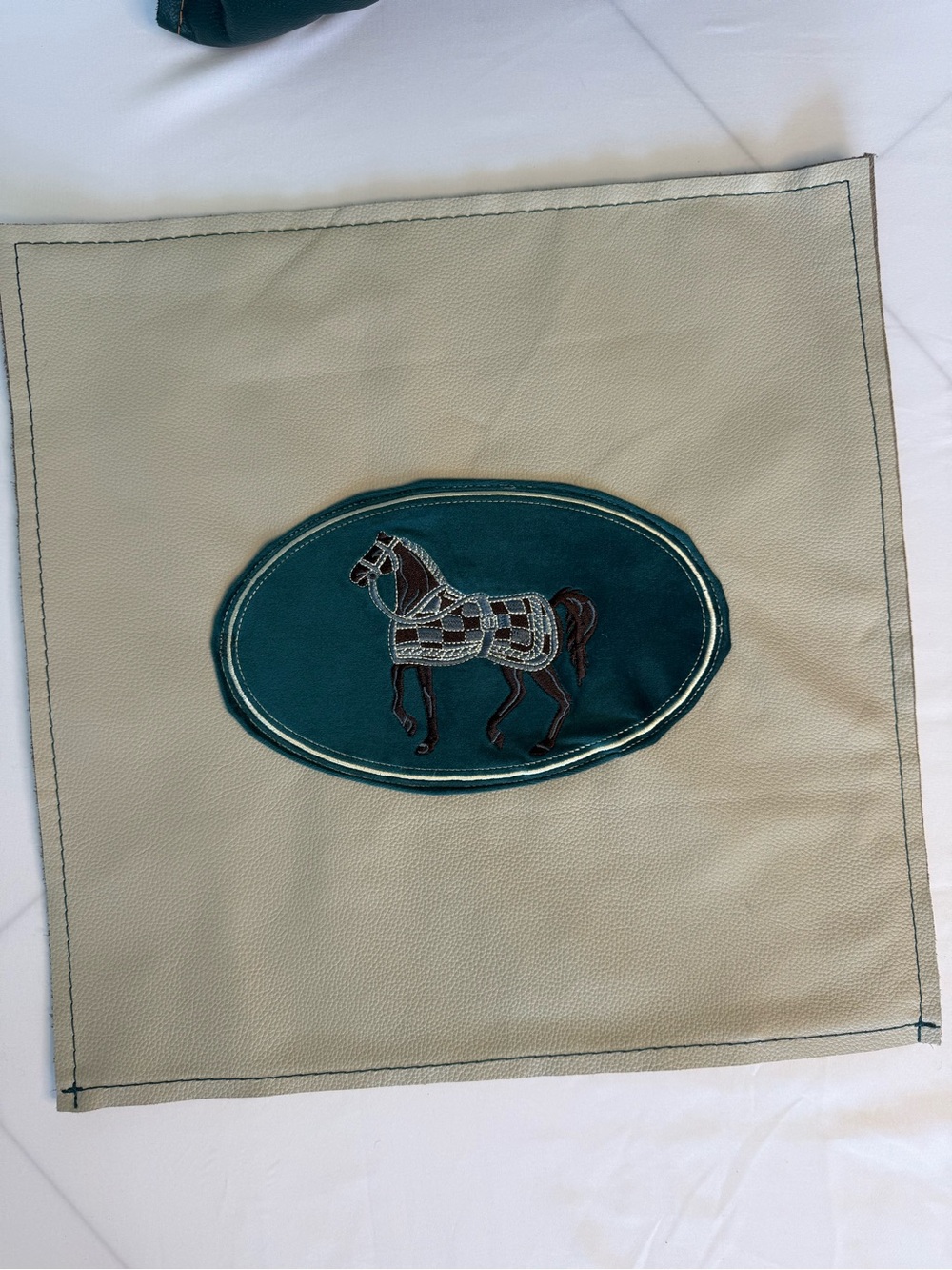 Pair of Leather decorative pillows with Equestrian Horse Appliqué. aprox 17”x17” - Picture 2 of 3